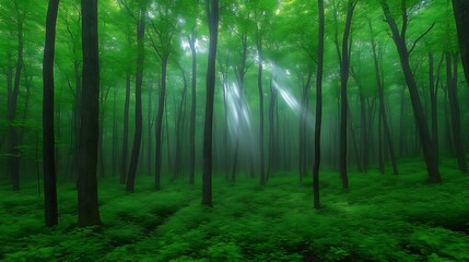 Obraz premium Sunbeams Illuminate a Lush Green Forest Scene