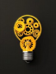 Yellow Gear Light Bulb on Black Background