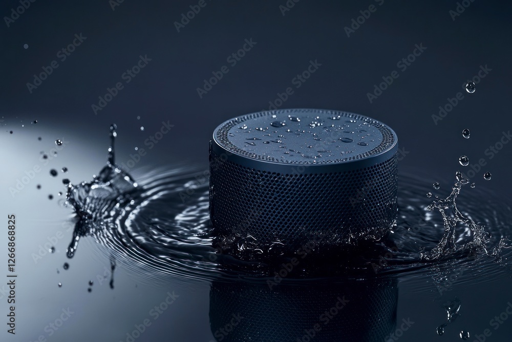 Poster navy blue circular speaker is placed on the table, with water droplets splashing around it and rippl