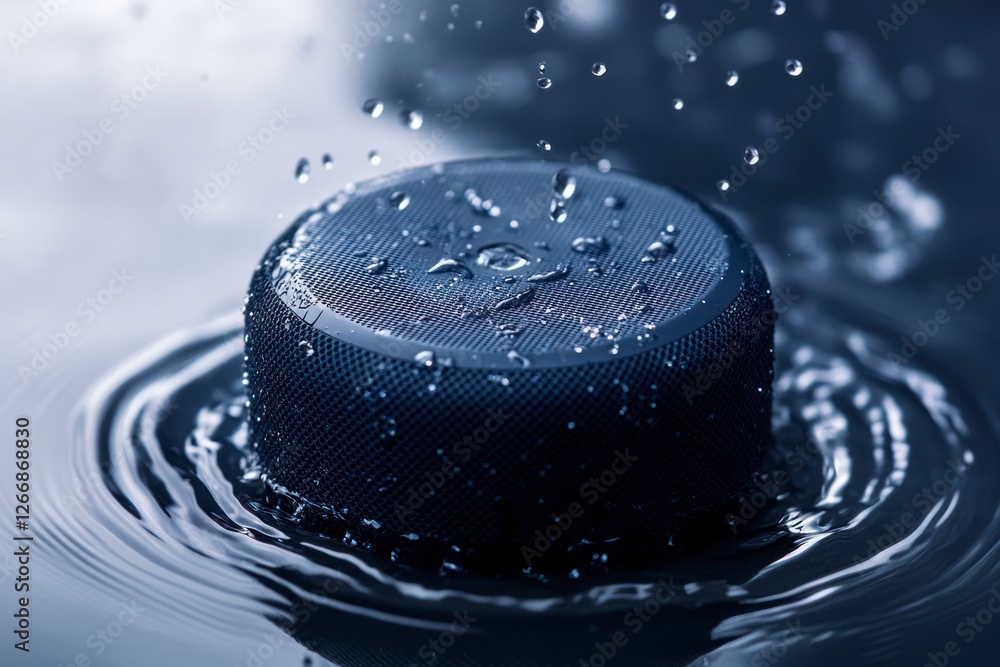 Poster navy blue circular speaker is placed on the table, with water droplets splashing around it and rippl