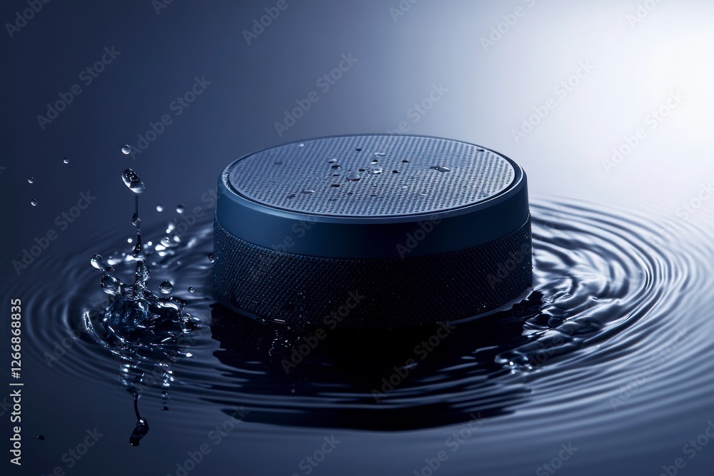 Poster navy blue circular speaker is placed on the table, with water droplets splashing around it and rippl