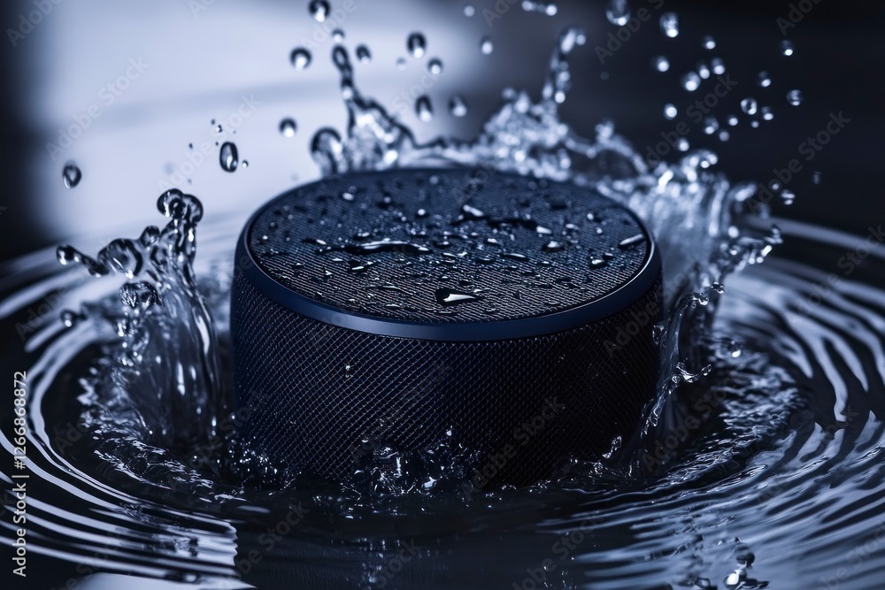 Poster navy blue circular speaker is placed on the table, with water droplets splashing around it and rippl