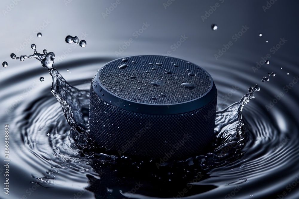 Poster navy blue circular speaker is placed on the table, with water droplets splashing around it and rippl