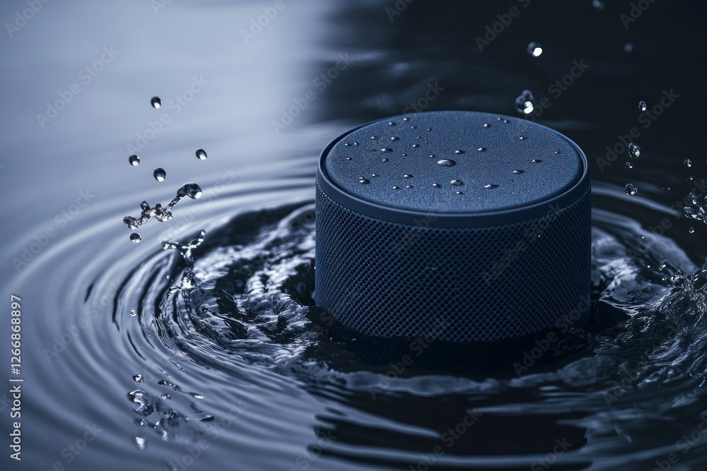Poster navy blue circular speaker is placed on the table, with water droplets splashing around it and rippl