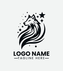 Wolf and Star Logo Design, Lunar Wolf Logo, Celestial Wolf Logo, Nocturnal Animal Logo