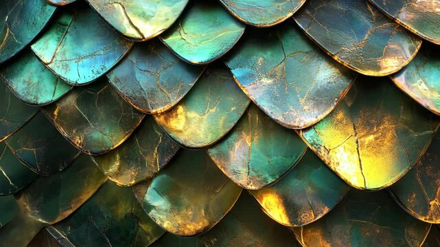A stunning close-up of iridescent dragon scales, shimmering with gold, green, and blue hues in intricate patterns