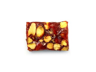 Sweet roll with roses and nuts, turkish sweets. Turkish rahat lokum isolated on a white background. Tasty Turkish Delight isolated on white background