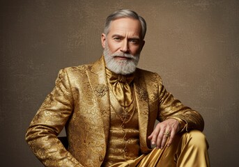 A realistic portrait photo of a man wearing golden clothes, showcasing luxury, elegance, and style.

