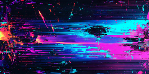 Intense digital glitch art featuring vibrant pixelated distortions