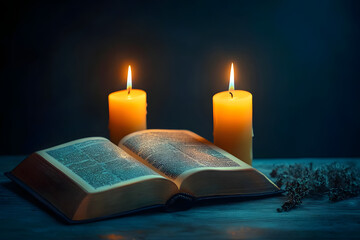 Two burning candles illuminating open book on world religion day