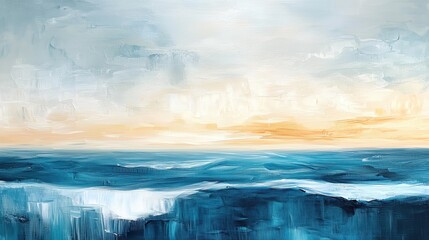 Fototapeta premium A serene abstract painting showcasing a vast ocean under a soft sky, blending shades of blue and hints of warm sunlight at the horizon.
