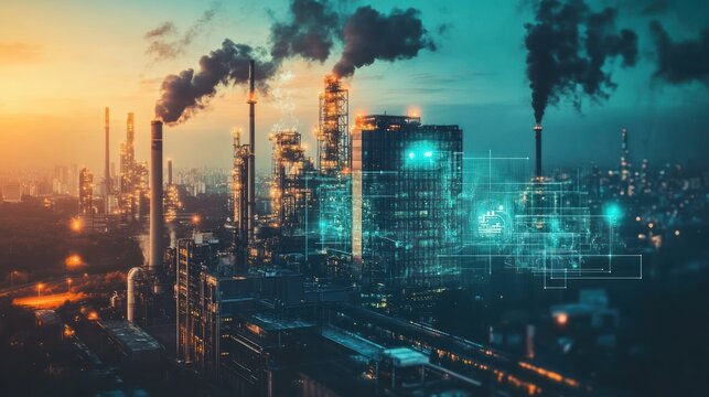 Industrial complex at sunset with pollution and overlaid data visualizations.