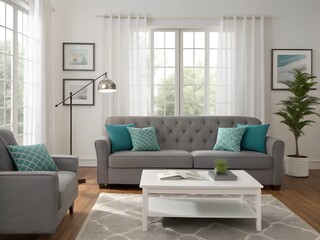 Fototapeta premium living room interior, sofa, pillows, white coffee table, large windows with sheer curtains, modern lamp, cozy home décor,