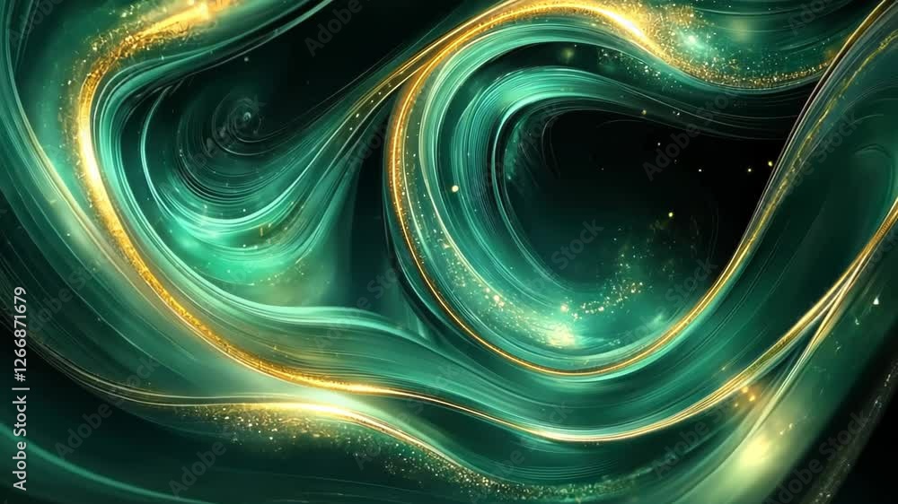 Poster captivating dance of golden light and emerald waves enveloping a mystical realm at twilight. generat