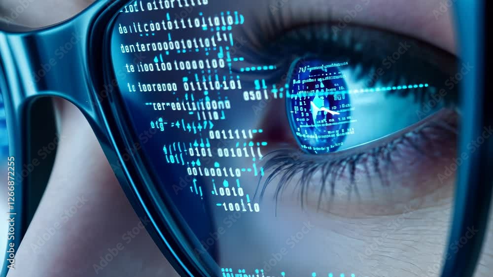 Poster a woman in glasses examining digital interfaces with data overlaying her face banner. ux coding, big