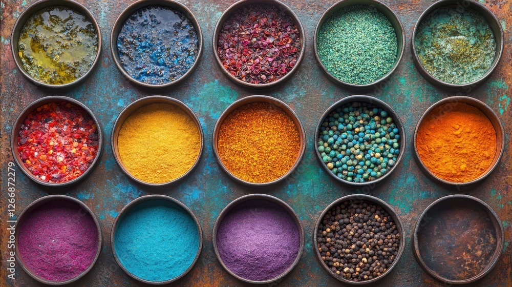 Poster colorful assortment of spices in circular containers arranged on a rustic surface
