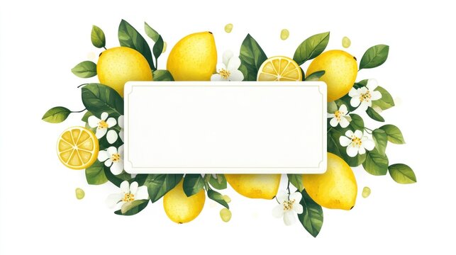 Lemons, blossoms, leaves banner; white background; food blog