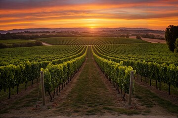 Naklejka premium A vineyard at sunset, with rows of grapevines stretching into the distance