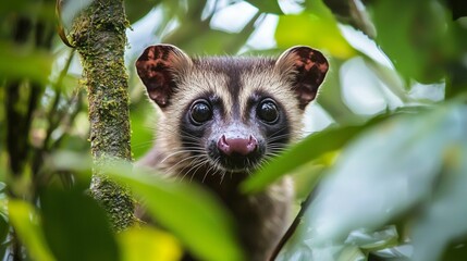 Fototapeta premium A Curious Animal Peeking Through Green Leaves in a Lush Rainforest Surrounded by Nature, Displaying Intriguing Features with Bright Eyes and Soft Fur