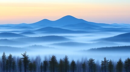 Obraz premium Serene Misty Mountains at Sunrise Over Forest