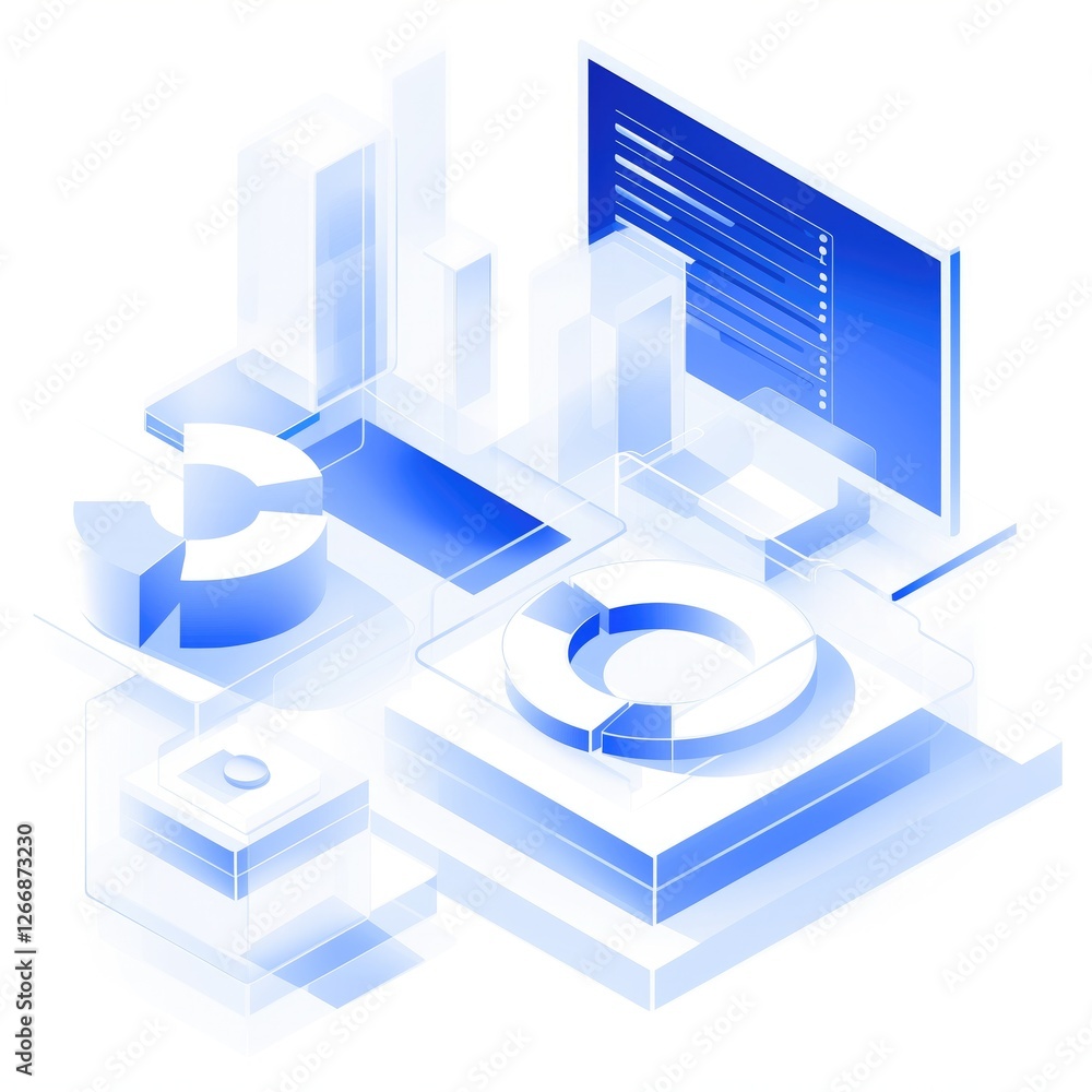Poster isometric - style digital graphic featuring pie charts, bar graphs, and a screen with data, suitable