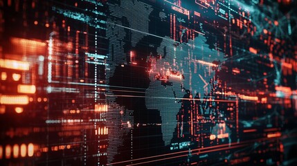 Abstract Digital Background with a World Map Featuring Futuristic Data Visualization, Glowing Lines, and Bright Colors Representing Global Networks and Connectivity