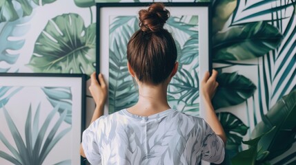 Woman arranging tropical leaf artwork in a stylish interior, surrounded by lush green wall decor and plants