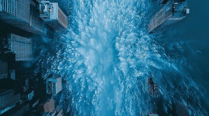 Fototapeta premium Aerial View of Cityscape with Exploding Blue Wave Effect
