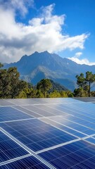 Solar panels capture energy atop a mountain, Rear view shot