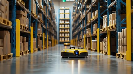 Advanced Warehouse Automation with Autonomous Robots Navigating Between Shelves Loaded with Brown Cardboard Boxes in a Modern Distribution Center