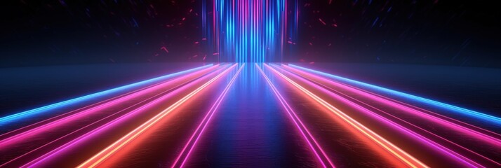 Neon stripes converge to a point. Futuristic, vibrant, and dynamic. Great for website design
