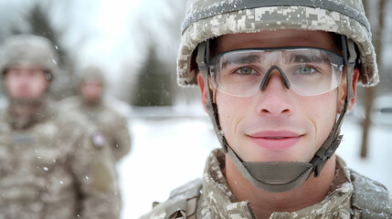 Soldier winter portrait, snowy background, military training