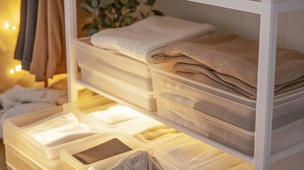 Organized clothes in a plastic drawer unit with soft lighting
