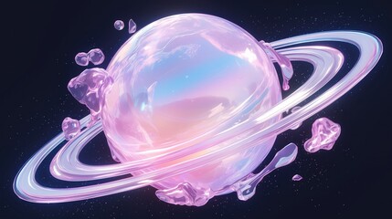 A sci - fi themed illustration of a translucent planet with pastel - colored rings and floating meteor, perfect for space and science - fiction design themes.