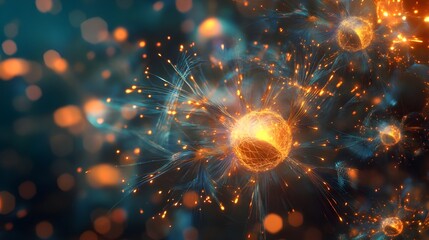 a vibrant, abstract representation of atomic or subatomic particles with glowing, interconnected lines and bright, colorful bursts, suggesting energy or quantum interactions.