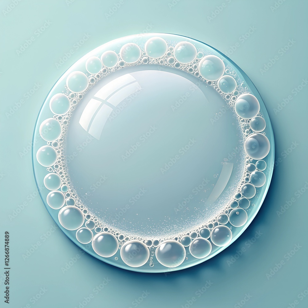Poster close-up of a circle of bubbles around a clear surface, forming a circular frame. the bubbles are gl