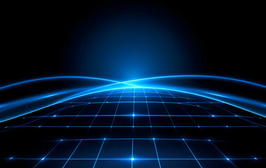 futuristic glowing blue grid with light waves on a dark background representing technology and digital innovation