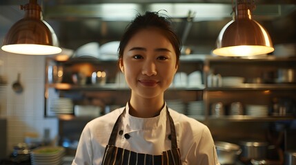 A young woman with dark hair smiles warmly, wearing a chef's uniform in a restaurant kitchen.