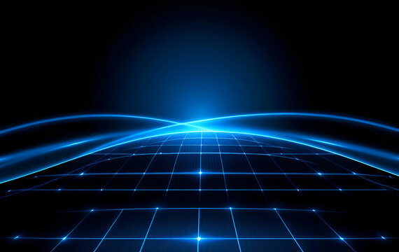 futuristic glowing blue grid with light waves on a dark background representing technology and digital innovation