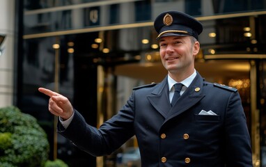 Obraz premium Smartly dressed doorman points towards hotel entrance while welcoming guests during a sunny day in a bustling city