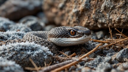 Naklejka premium Snake with Stealthy Presence Concealed in Rocky Terrain Amid Natural Elements 