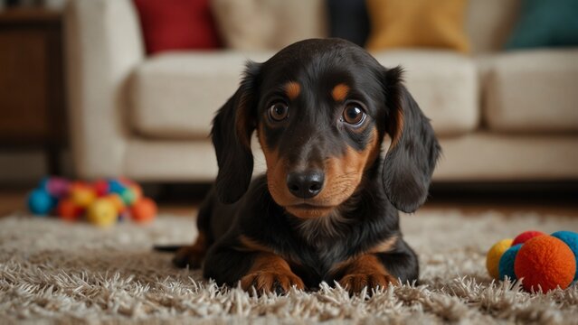 Dachshund Puppy with Endearing Curiosity Resting on a Cozy Rug in a Homely Space
