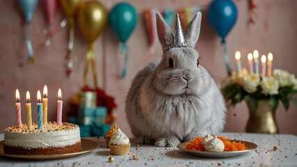 Fluffy white rabbit festive wearing crown in front of birthday cake
