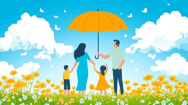 Fototapeta Family enjoys a sunny day outdoors under a bright umbrella surrounded by flowers and butterflies