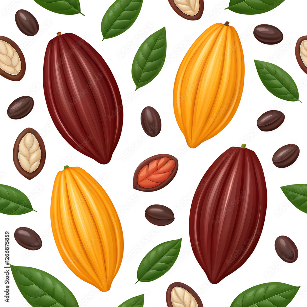Poster cocoa beans and pods seamless pattern