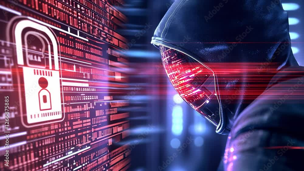Poster cybersecurity threat visualization showing hacker masked face wearing illuminated visor breaching di