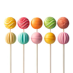 six colorful cake pops on sticks arranged in two rows.  Each cake pop has a unique design and color, making them visually appealing and perfect for various purposes