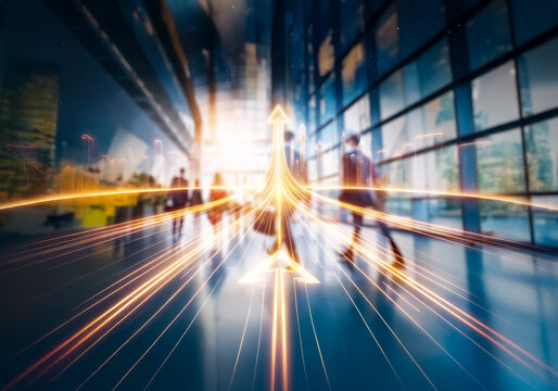 Commercial Hong Kong scene depicting fast-paced business with motion blurred figures and golden light streaks suggesting progress.