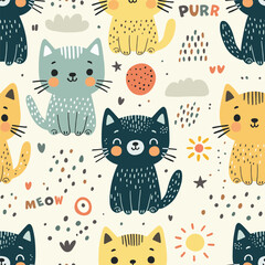 Seamless pattern with cute cartoon cats surrounded by abstract shapes and doodles.