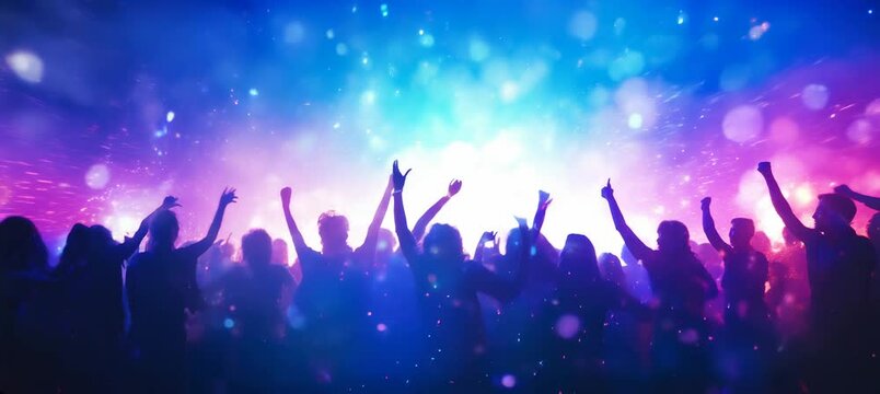 Crowd people party at nightclub. DJ music concert event. Generative video AI technology.	
